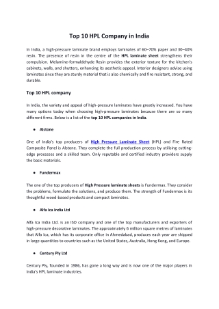 Top 10 HPL Company in India