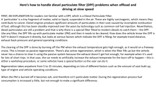 Here’s how to handle diesel particulate filter (DPF) problems when offload and driving at slow speed