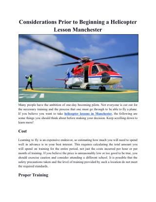 Considerations Prior to Beginning a Helicopter Lesson Manchester