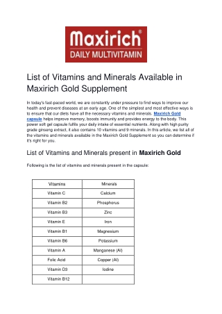 List of Vitamins and Minerals Available in Maxirich Gold Supplement