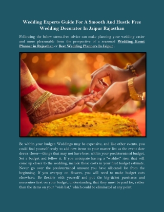 Wedding Experts Guide For A Smooth And Hustle Free Wedding Decorator In Jaipur Rajasthan