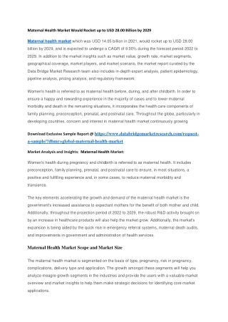 Maternal Health Market Would Rocket up to USD 28.00 Billion by 2029
