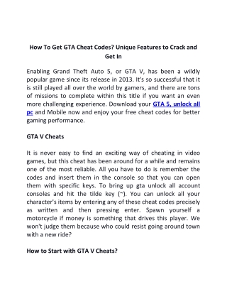 How To Get GTA Cheat Codes Unique Features to Crack and Get In