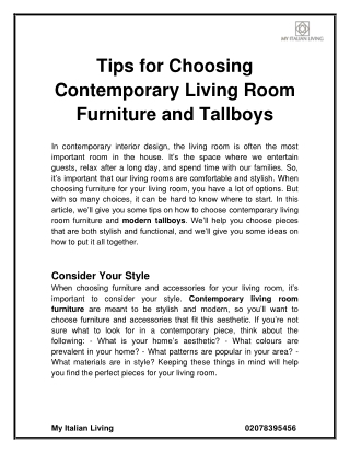 Tips for Choosing Contemporary Living Room Furniture and Tallboys