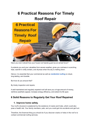 6 Practical Reasons For Timely Roof Repair