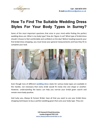 How To Find The Suitable Wedding Dress Styles For Your Body Types in Surrey?