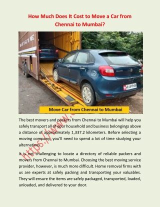 How Much Does It Cost to Move A Car Chennai to Mumbai