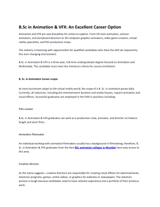 B.Sc in Animation & VFX An Excellent Career Option