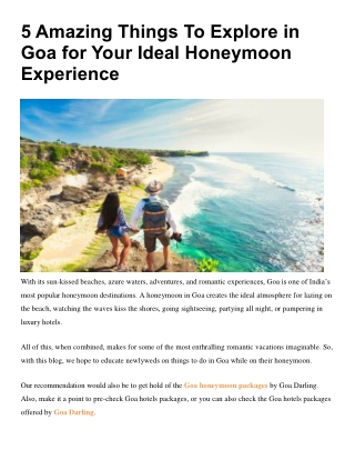 5 Amazing Things To Explore in Goa for Your Ideal Honeymoon Experience
