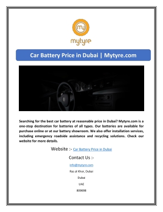 Car Battery Price in Dubai | Mytyre.com