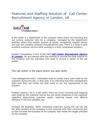 Features and Staffing Solution of  Call Center Recruitment Agency in London, UK