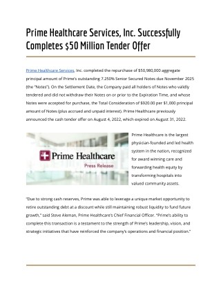 Prime Healthcare Services, Inc. Successfully Completes $50 Million Tender Offer