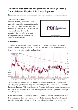 Pressure BioSciences Inc OTCMKTSPBIO Strong Consolidation May lead To Short Squeeze