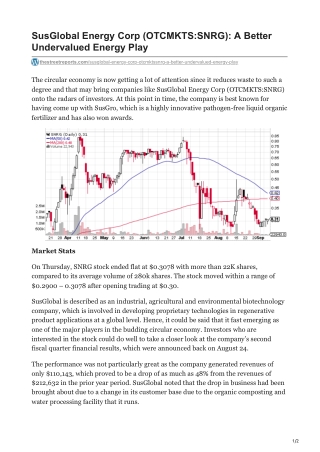 SusGlobal Energy Corp OTCMKTSSNRG A Better Undervalued Energy Play