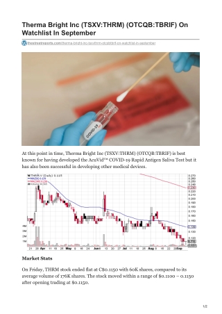 Therma Bright Inc TSXVTHRM OTCQBTBRIF On Watchlist In September