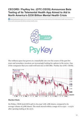 CECORS  PsyKey Inc OTCCEOS Announces Beta Testing of its Telemental Health App Aimed to Aid in North