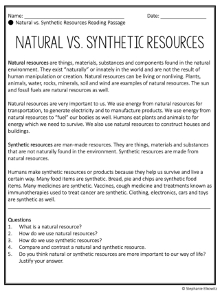 Natural vs Synthetic Resources Reading Passage Fillable Slide Q2 week 1 7th grade science