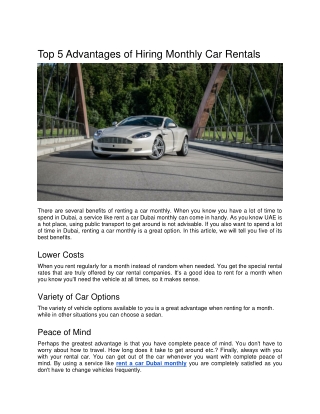 Top 5 Advantages of Hiring Monthly Car Rentals