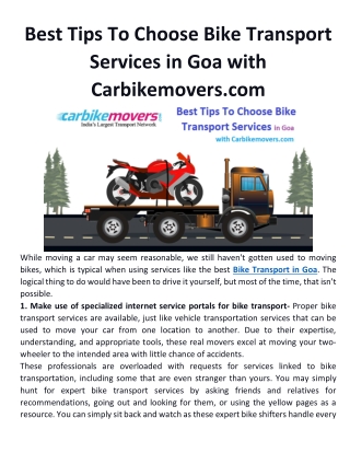 Best Tips To Choose Bike Transport Services in Goa with Carbikemovers.com
