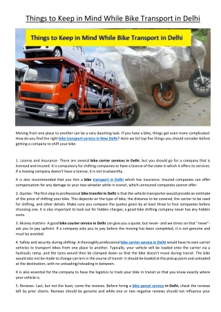 Things to Keep In Mind While Bike Transport in Delhi