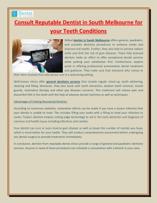 Consult Reputable Dentist in South Melbourne for your Teeth Conditions