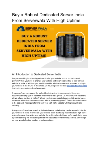 Buy a Robust Dedicated Server From Serverwala With High Uptime in India