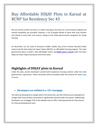 Buy Affordable DDJAY Plots in Karnal at RCNP Sai Residency Sec 45