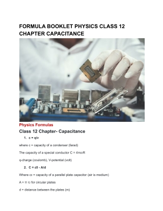 FORMULA BOOKLET PHYSICS CLASS 12 CHAPTER CAPACITANCE