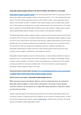 Disposable Hospital Supplies Market to Hit US 25.97 Billion with CAGR of 11.7 by 2029