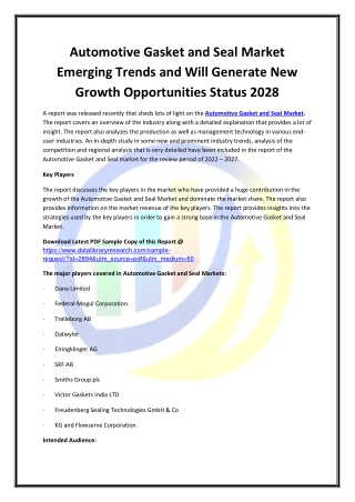 Global Automotive Gasket and Seal Market Opportunities and Forecast 2020-2027