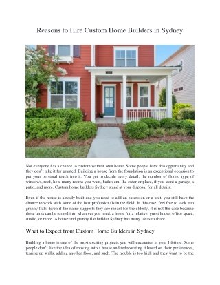 Reasons to Hire Custom Home Builders in Sydney