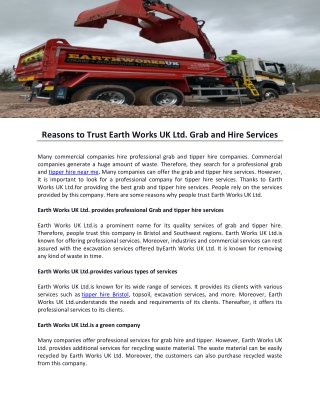Reasons to Trust Earth Works UK Ltd. Grab and Hire Services