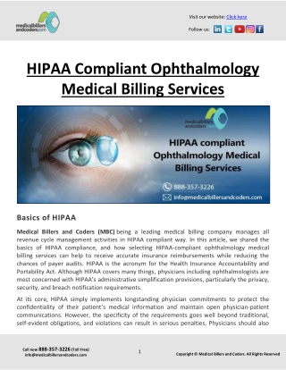 HIPAA Compliant Ophthalmology Medical Billing Services