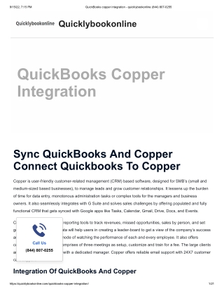 QuickBooks copper integration - quicklybookonline (844) 807-0255