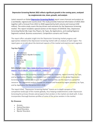 Global Depression Screening Market Opportunities and Forecast 2020-2027