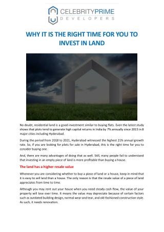 WHY IT IS THE RIGHT TIME FOR YOU TO INVEST IN LAND