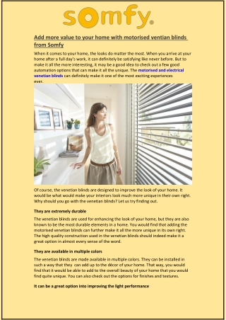 Add more value to your home with motorised ventian blinds from Somfy