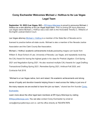 Corey Eschweiler Welcomes Michael J. Holthus to Its Las Vegas Legal Team