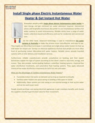 Install Single phase Electric Instantaneous Water Heater & Get Instant Hot Water