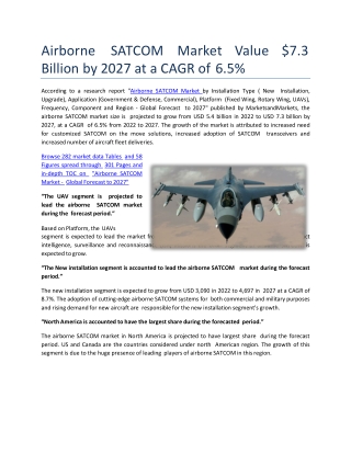 Airborne SATCOM Market Value $7.3 Billion by 2027 at a CAGR of 6.5%