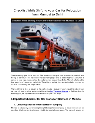 Checklist While Shifting your Car for Relocation from Mumbai to Delhi