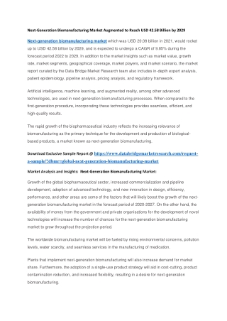 Next-Generation Biomanufacturing Market Augmented to Reach USD 42.58 Billion by 2029