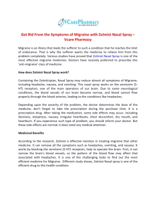Get Rid From the Symptoms of Migraine with Zolmist Nasal Spray - Vcare Pharmacy