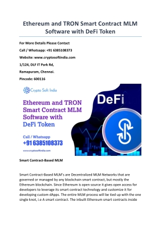 Ethereum and TRON Smart Contract MLM Software with DeFi Token