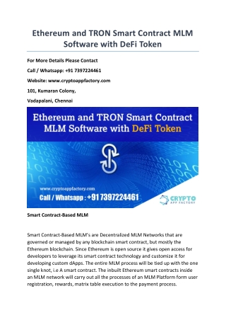 Ethereum and TRON Smart Contract MLM Software with DeFi Token