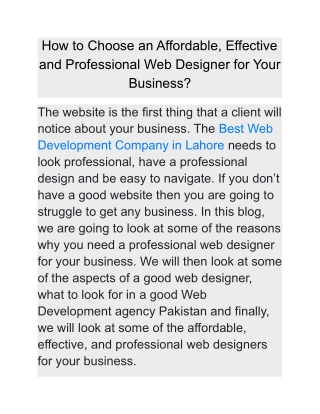 How to Choose an Affordable, Effective and Professional Web Designer for Your Business
