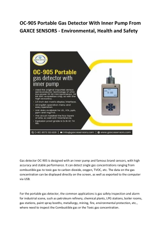 OC-905 Portable Gas Detector With Inner Pump From GAXCE SENSORS - Environmental, Health and Safety