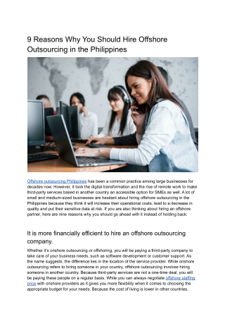 9 Reasons Why You Should Hire Offshore Outsourcing in the Philippines