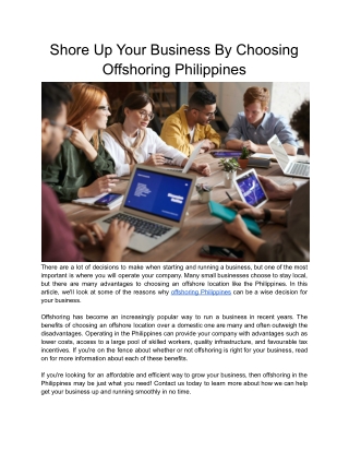 Shore Up Your Business By Choosing Offshoring Philippines