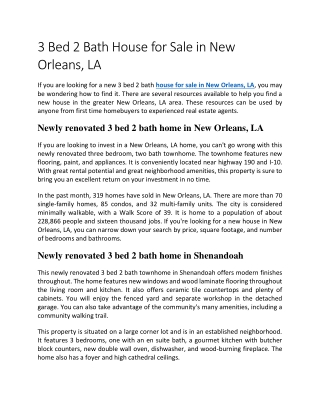 3 Bed 2 Bath House for Sale in New Orleans, LA